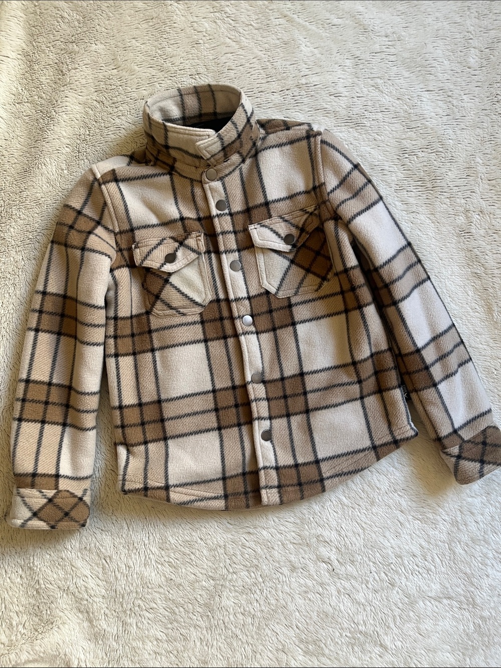 Boys Eddie Bauer Beige and Brown Plaid Fleece Shacket